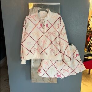 Sequin Bow Pattern Two-Piece Set in White and Pink